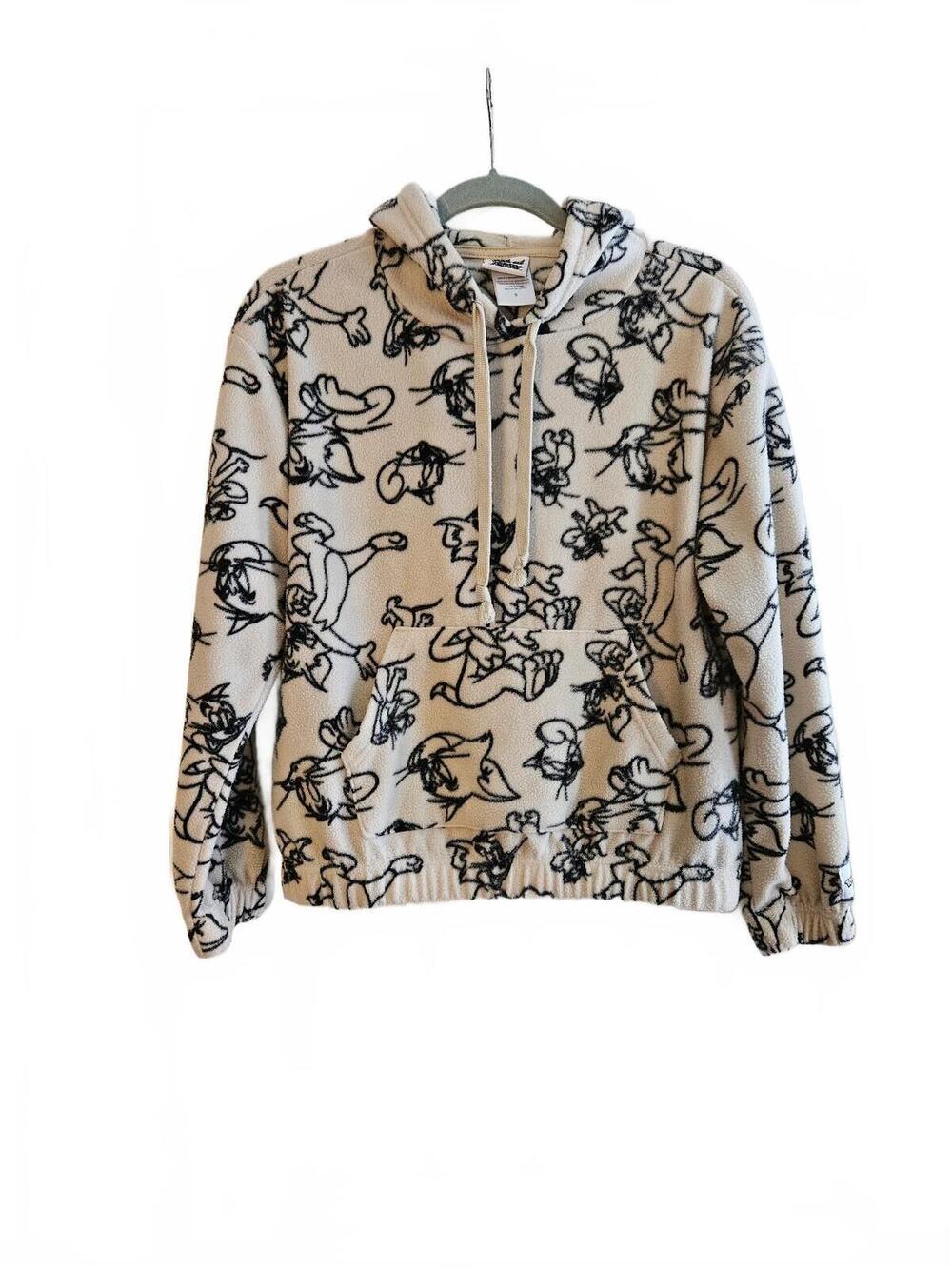 Tom and Jerry Cream Fleece Hoodie with Cartoon Character Print, Size Small